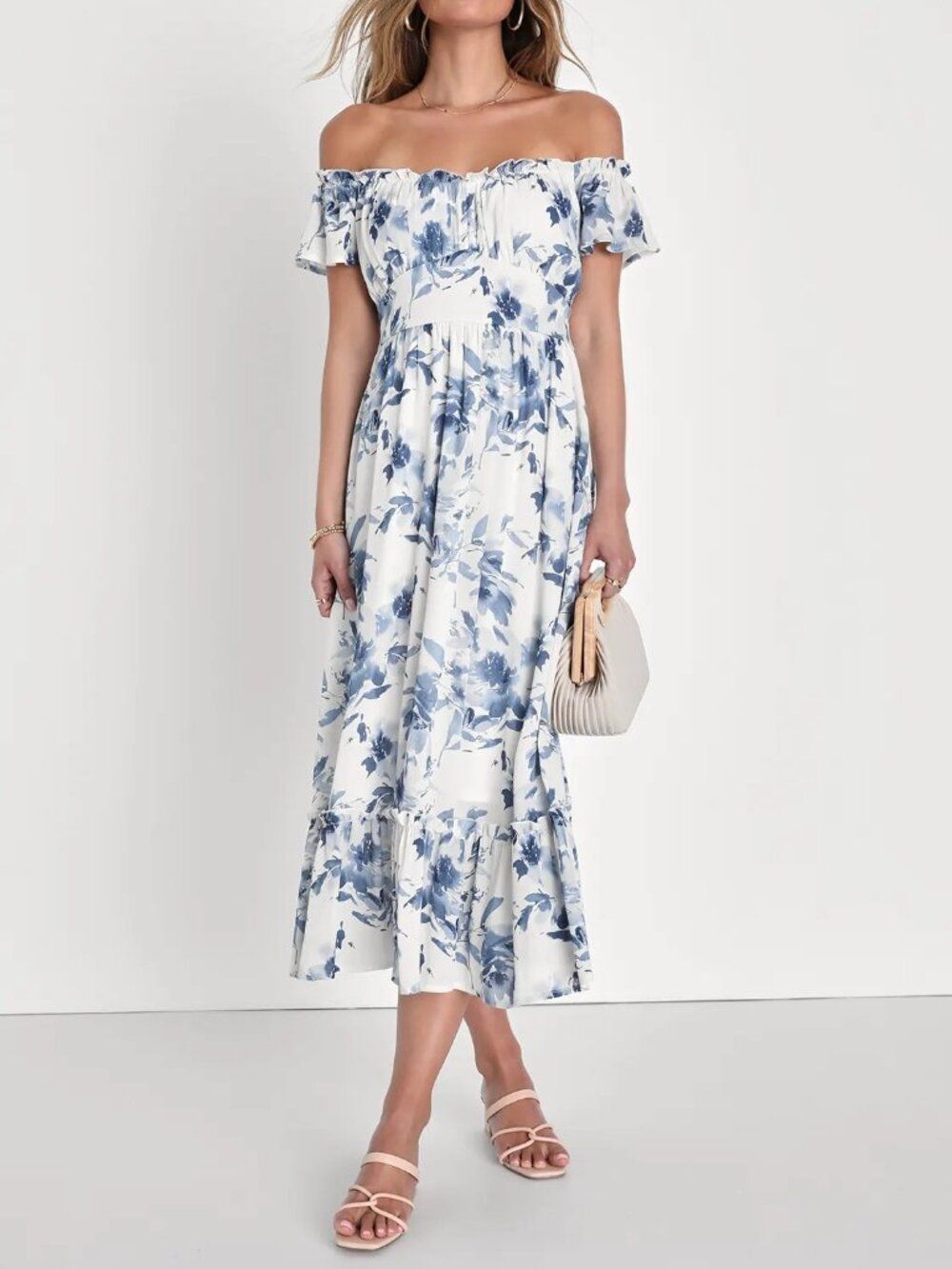 Lulus Delightfully Sweet White Floral Off-the-Shoulder Midi Dress Size Small
